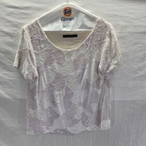 Jenni Kayne Women's Medium Silk Sequin Short Sleeve Ivory Boxy Blouse Top